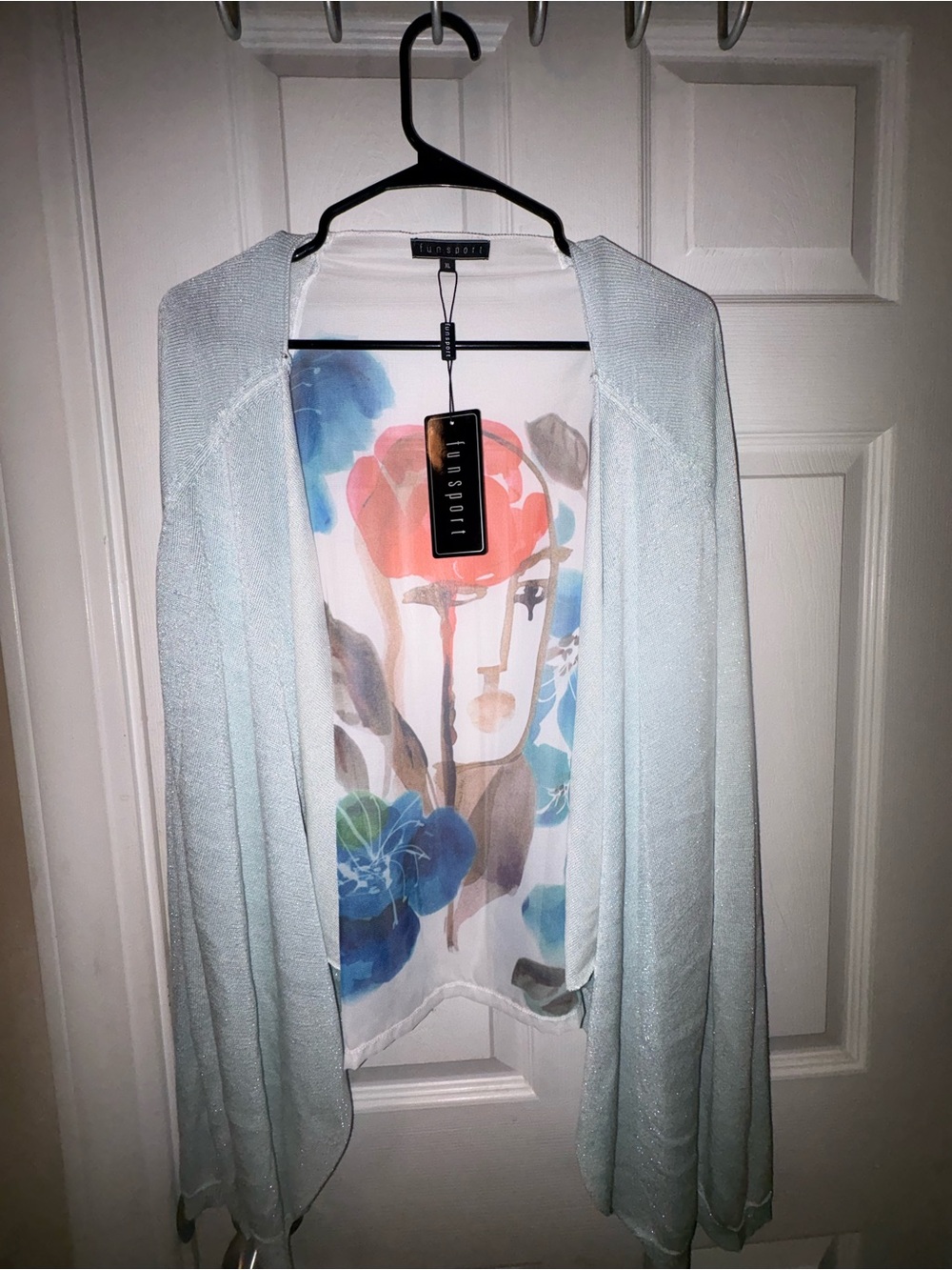 Funsport Mixed Media Open Cardigan XL Artsy Sheer Watercolor Face Floral Print